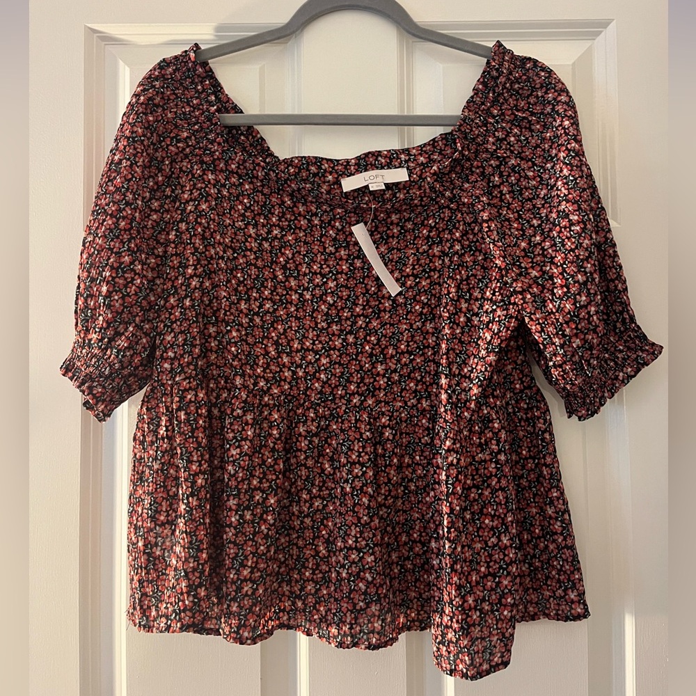 LOFT Red Puff Sleeve Smocked Blouse